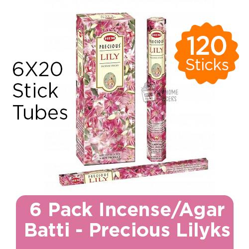 6 PACK  INCENSE / AGAR BATTI - PRECIOUS LILY - HEM -6 / 20 STICK TUBES - TOTAL 120 STICKS 6 PACK  INCENSE / AGAR BATTI - PRECIOUS LILY - HEM -6 / 20 STICK TUBES - TOTAL 120 STICKS