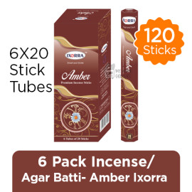 6 PACK  INCENSE / AGARBATTI - AMBER IXORRA - 6 x 20 STICK TUBES - TOTAL 120 STICKS