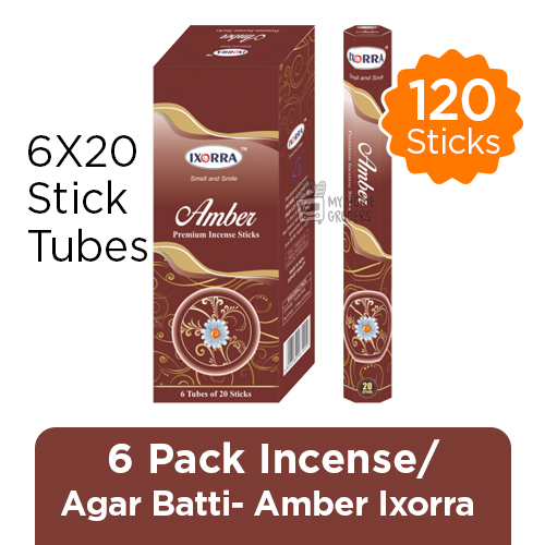 6 PACK  INCENSE / AGARBATTI - AMBER IXORRA - 6 x 20 STICK TUBES - TOTAL 120 STICKS 6 PACK  INCENSE / AGARBATTI - AMBER IXORRA - 6 x 20 STICK TUBES - TOTAL 120 STICKS