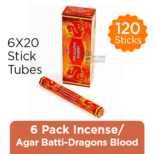 6 PACK  INCENSE / AGARBATTI - DRAGONS BLOOD - HEM -6 / 20 STICK TUBES - TOTAL 120 STICKS