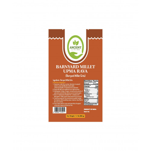 BARNYARD UPMA RAVA ANCIENT LIVING (A MYHOMEGROCERS BRAND) - 1.1 LB / 500 GMS BARNYARD UPMA RAVA ANCIENT LIVING (A MYHOMEGROCERS BRAND) - 1.1 LB / 500 GMS