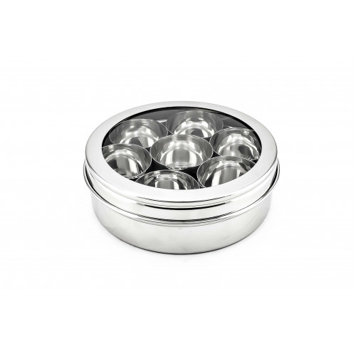 SEE THRU - SPICE MASALA BOX / DABBA STAINLESS STEEL ( CLEAR LID ) WITH 7 BOWLS 12 SEE THRU - SPICE MASALA BOX / DABBA STAINLESS STEEL ( CLEAR LID ) WITH 7 BOWLS 12