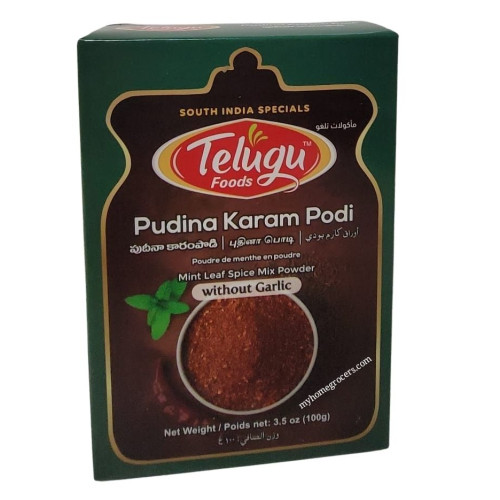 Ready to Eat PUDINA KARAM PODI [ MINT LEAF SPICE MIX POWDER ] NO GARLIC TELUGU - 100 GMS / 3.5 OZ