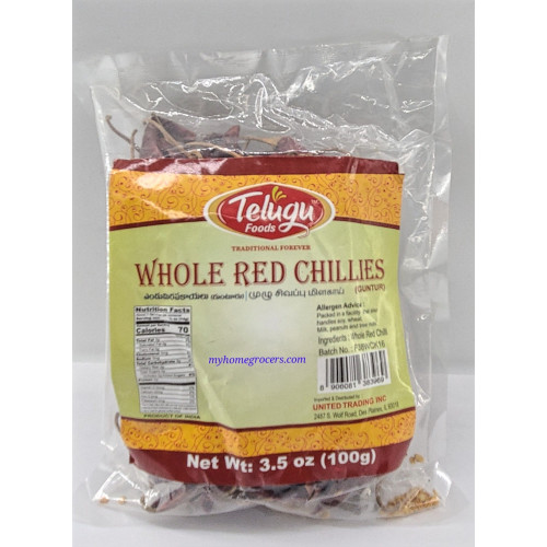 WHOLE RED CHILLI ( WITH STEM )  GUNTUR TELUGU FOODS - 3.5 OZ / 100 GMS WHOLE RED CHILLI ( WITH STEM )  GUNTUR TELUGU FOODS - 3.5 OZ / 100 GMS