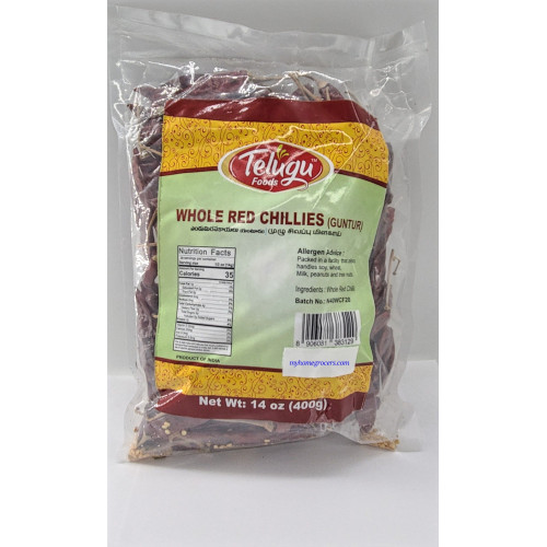 WHOLE RED CHILLI ( WITH STEM )  GUNTUR TELUGU FOODS - 14 OZ / 400 GMS WHOLE RED CHILLI ( WITH STEM )  GUNTUR TELUGU FOODS - 14 OZ / 400 GMS